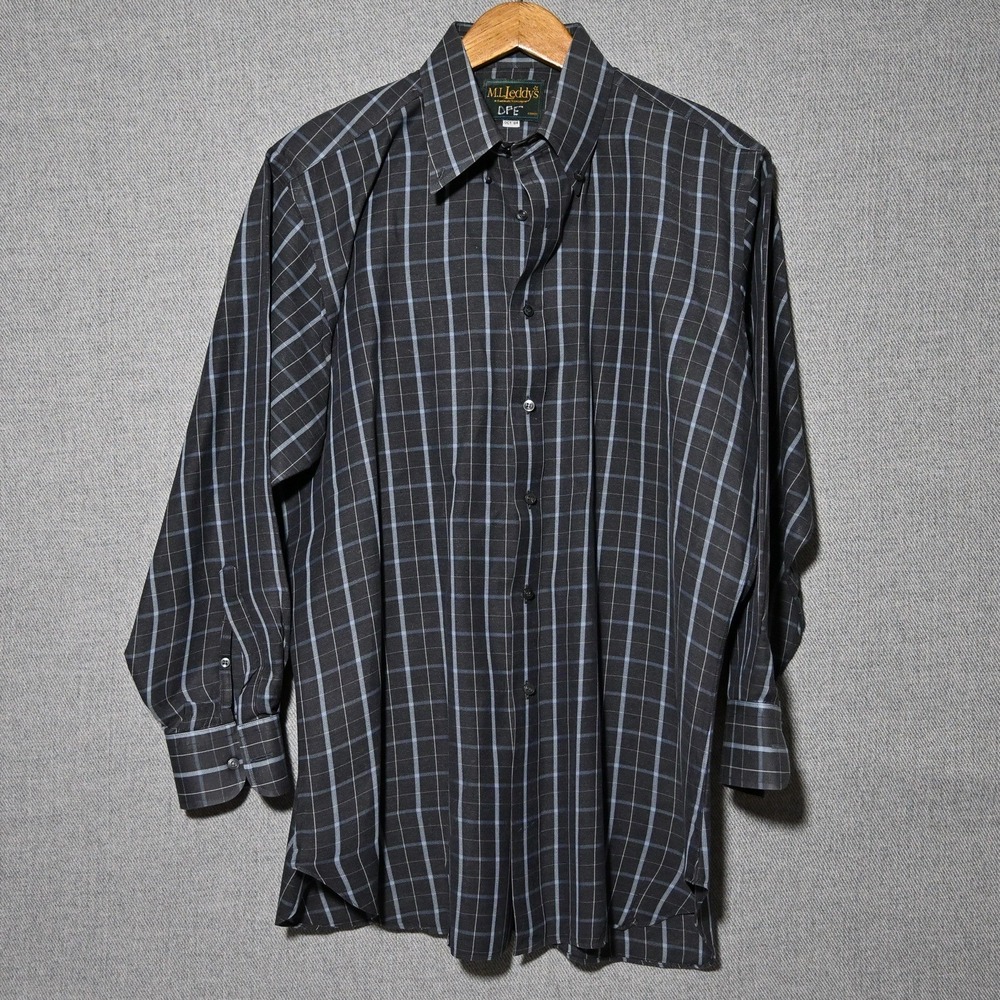 M.L. Leddy's Button Down Mens Long Sleeve Plaid Charcoal Blue USA XL
